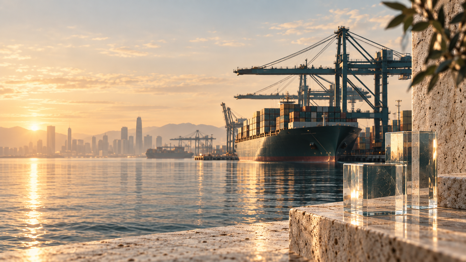 Cargo port at dawn with containers, ships and glass prisms on a stone ledge