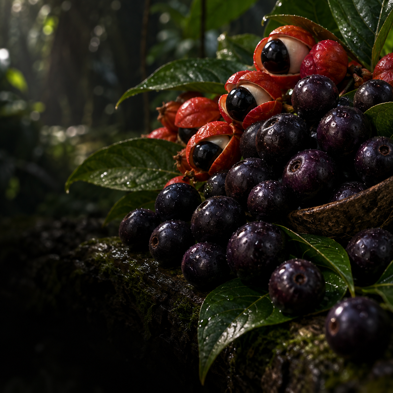 Açaí berries and guaraná fruit with wet tropical leaves