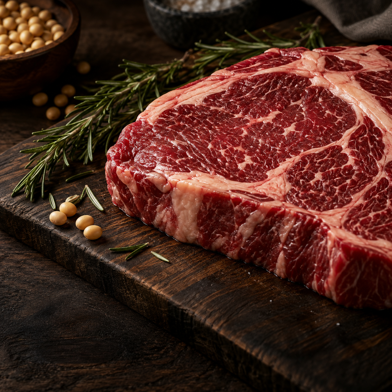 Marbled beef steak with rosemary on a dark board