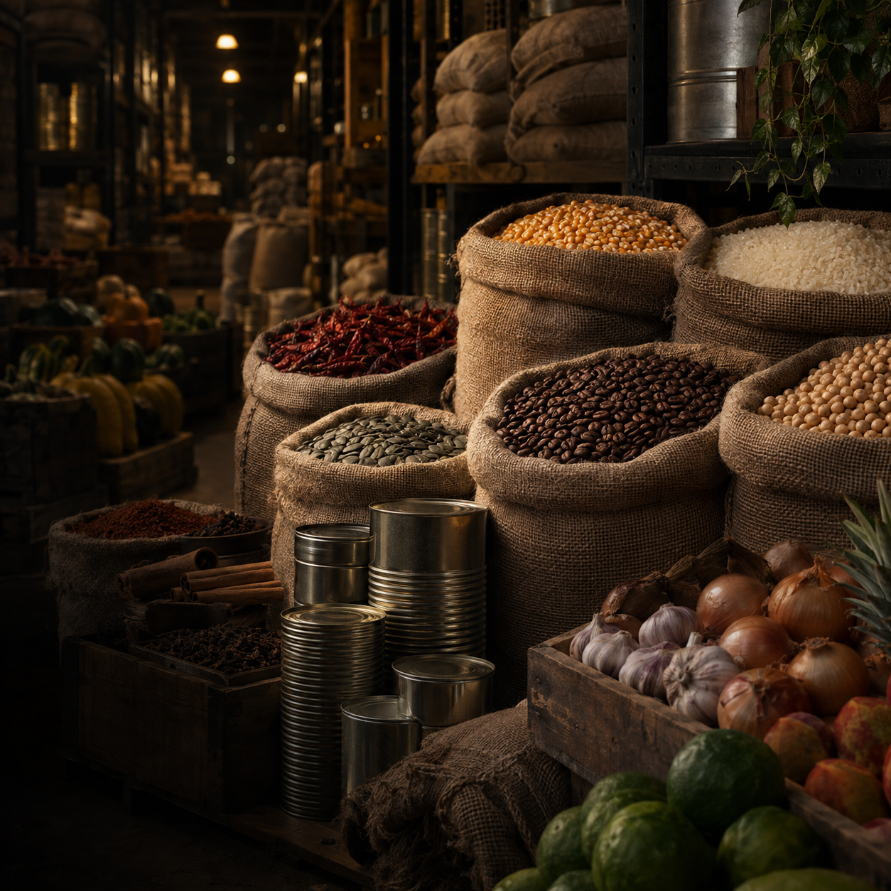 Mixed commodities in sacks and crates inside a warehouse